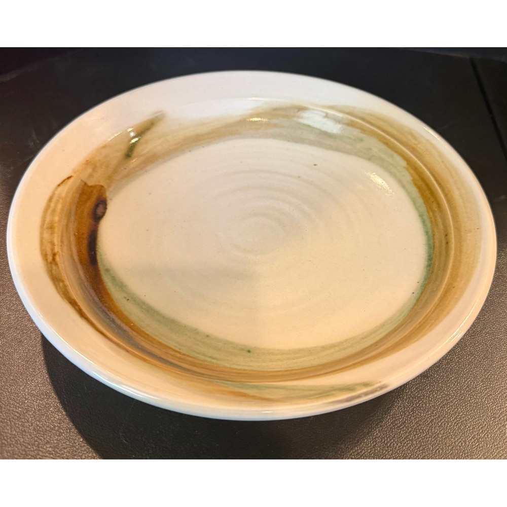 Studio Art Pottery 8.75" Shallow Bowl White Earthy Brown Swirl Signed